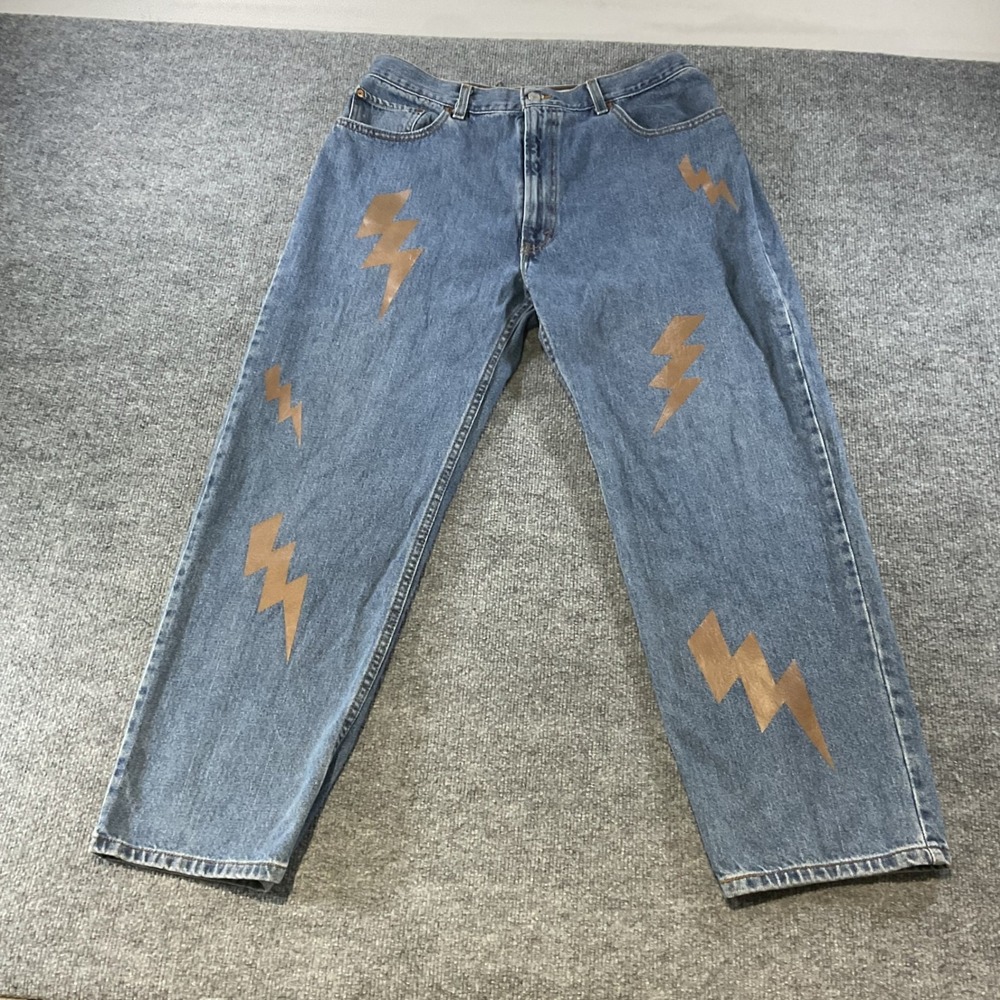 Levis 550 Relaxed Fit Tapered Jeans Blue Custo Gold Lightning Bolt Mens 38x30Y2K